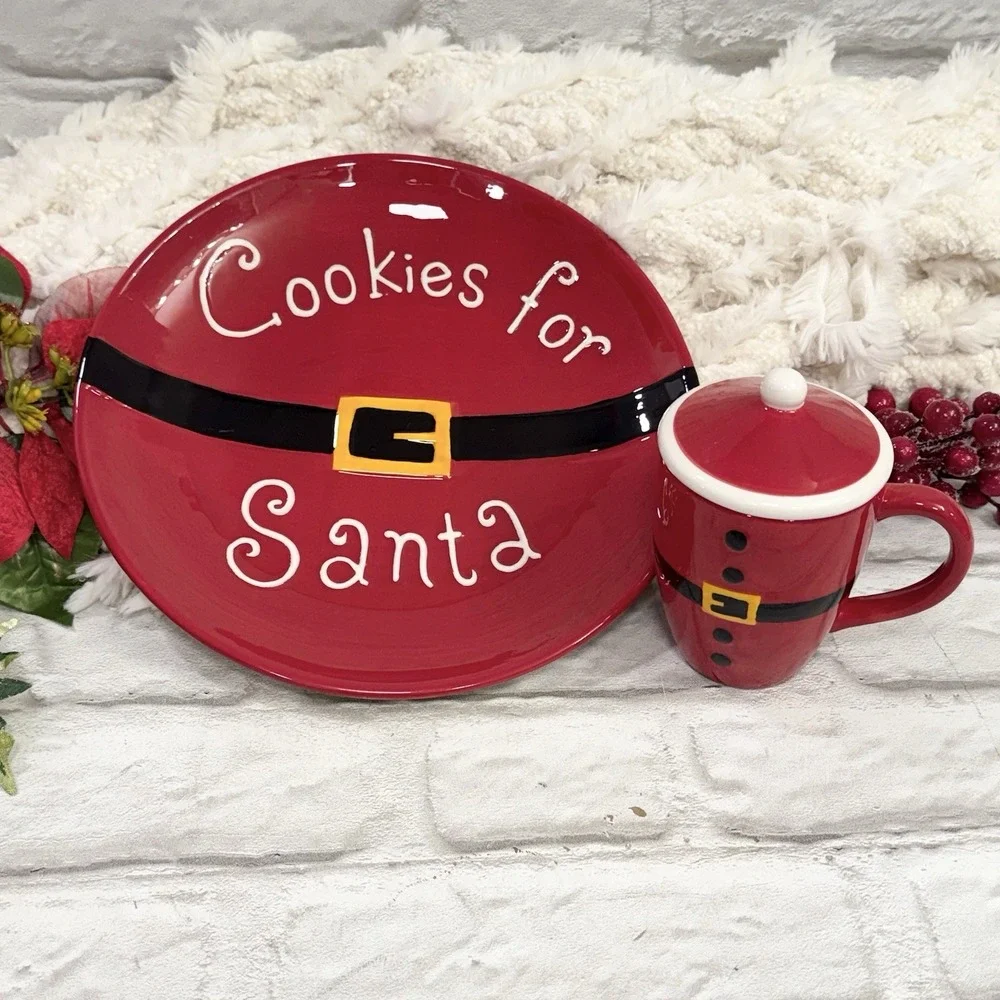 Cookies for Santa Ceramic Plate & Milk Mug Red & White Christmas Holiday Decore